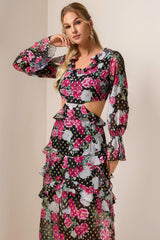 Floral Gold Foil Stamping Frill Midi Dress