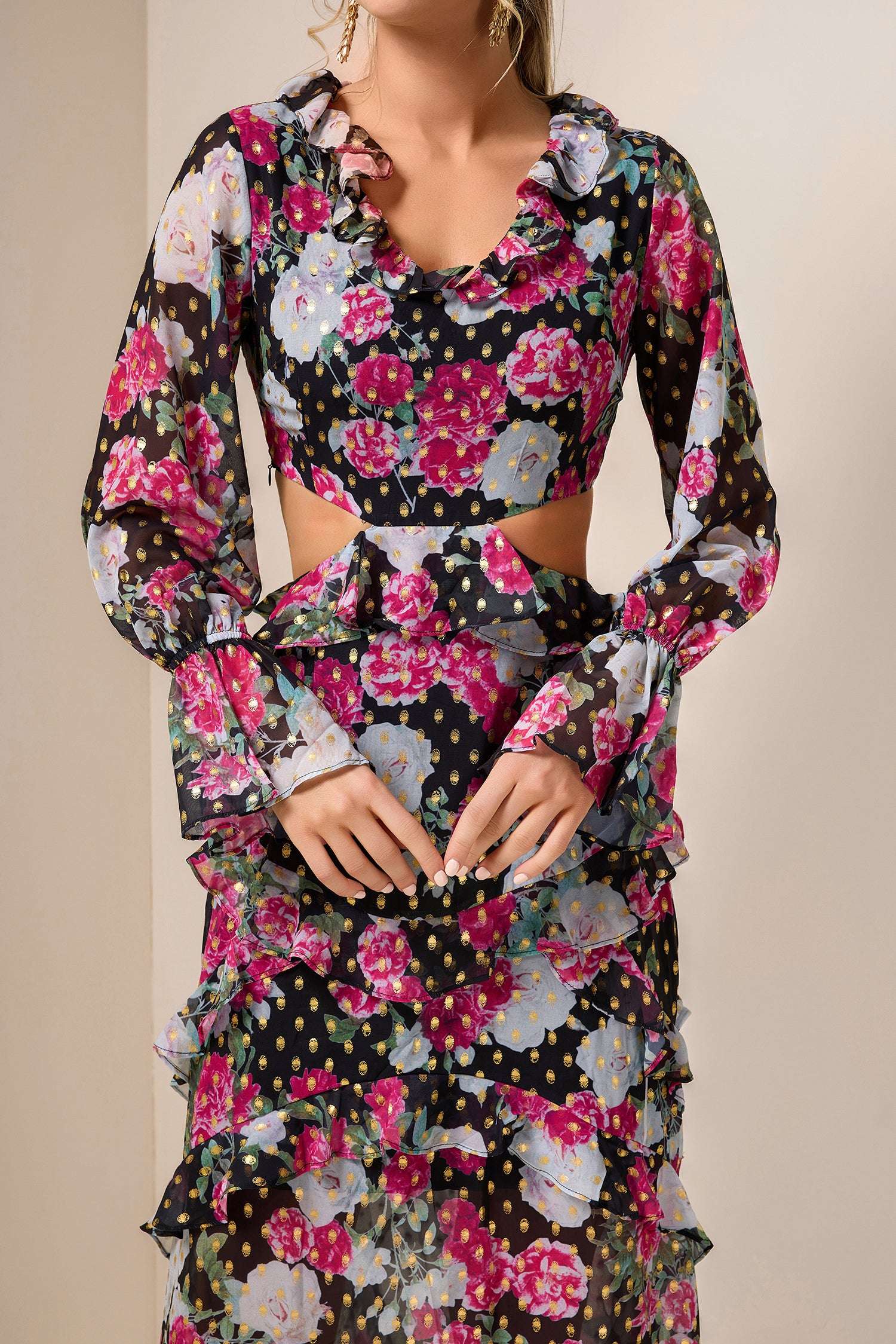 Floral Gold Foil Stamping Frill Midi Dress