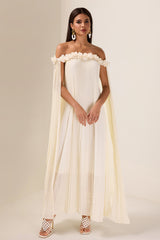 3D Flower Chiffon Off-Shoulder Pleat Maxi Dress