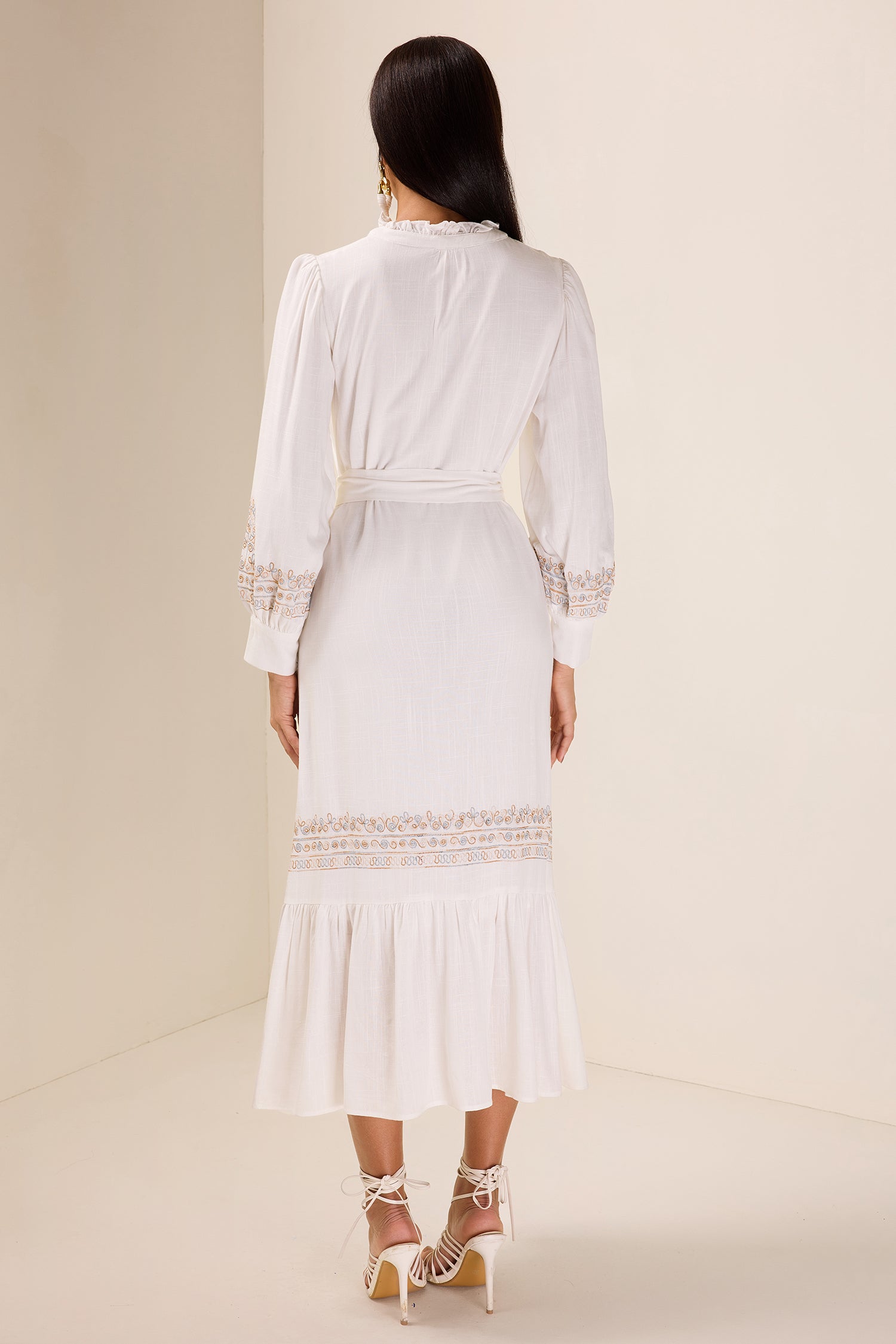 Embroidered Lace-Up Lantern Sleeve Midi Dress