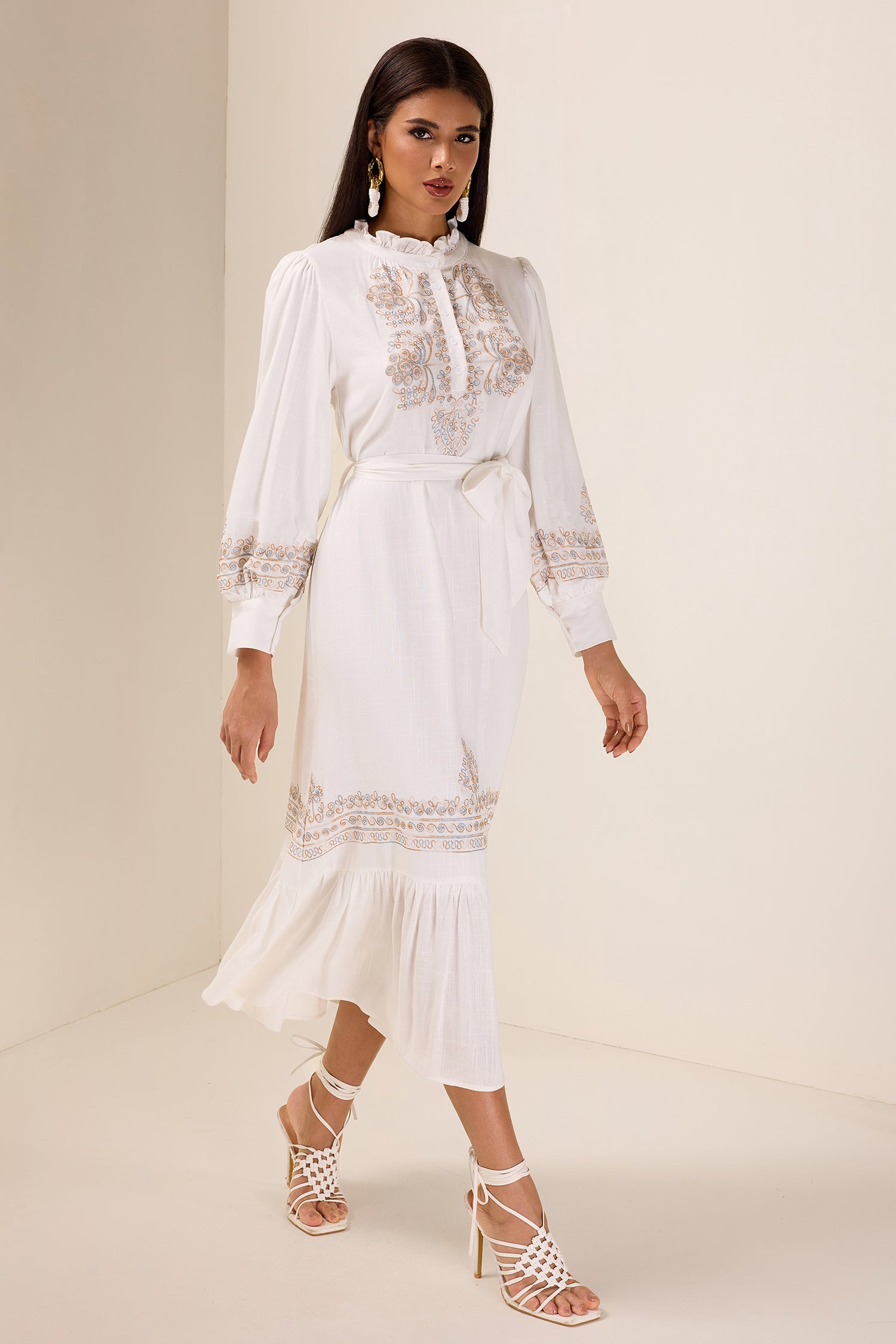 Embroidered Lace-Up Lantern Sleeve Midi Dress