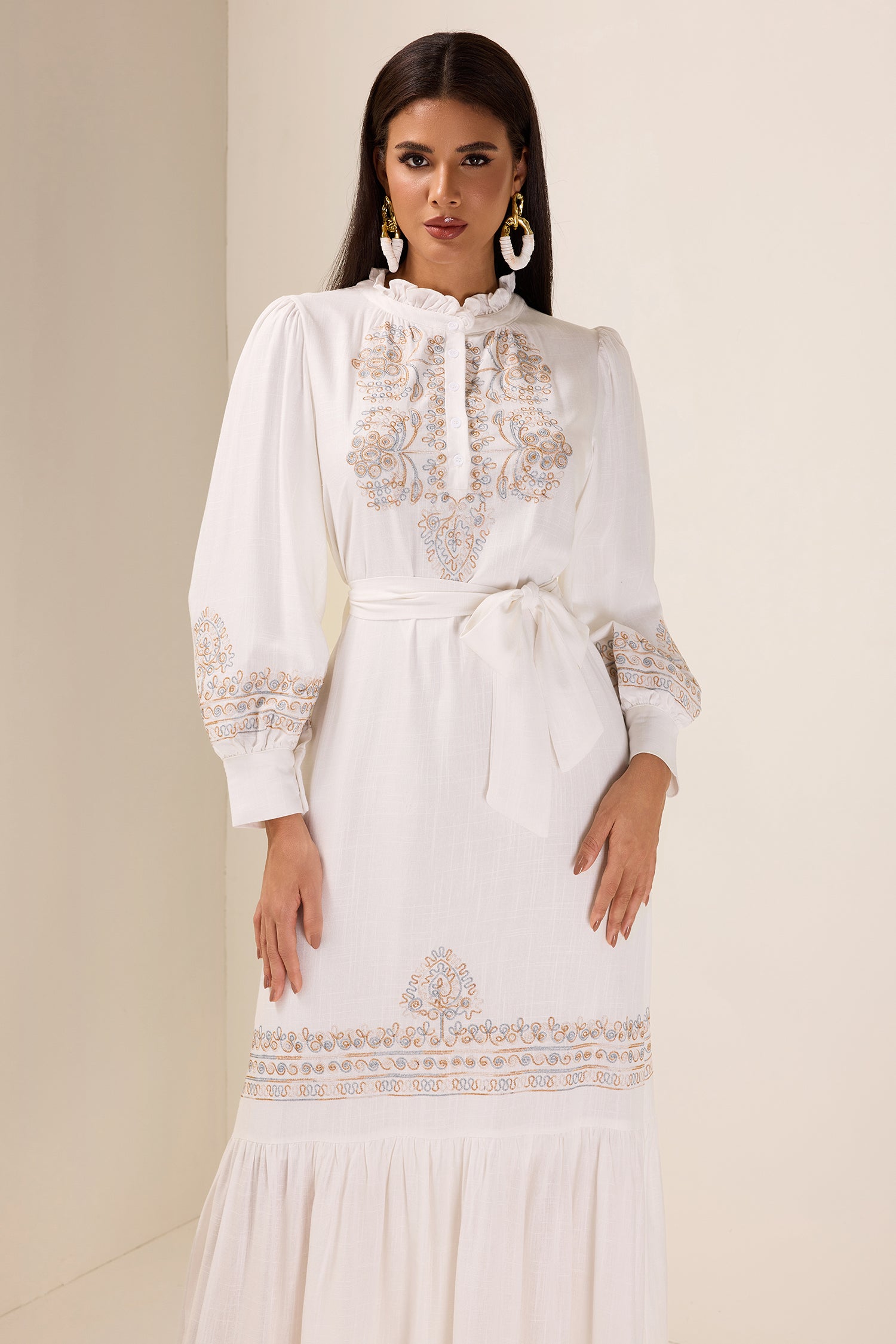 Embroidered Lace-Up Lantern Sleeve Midi Dress