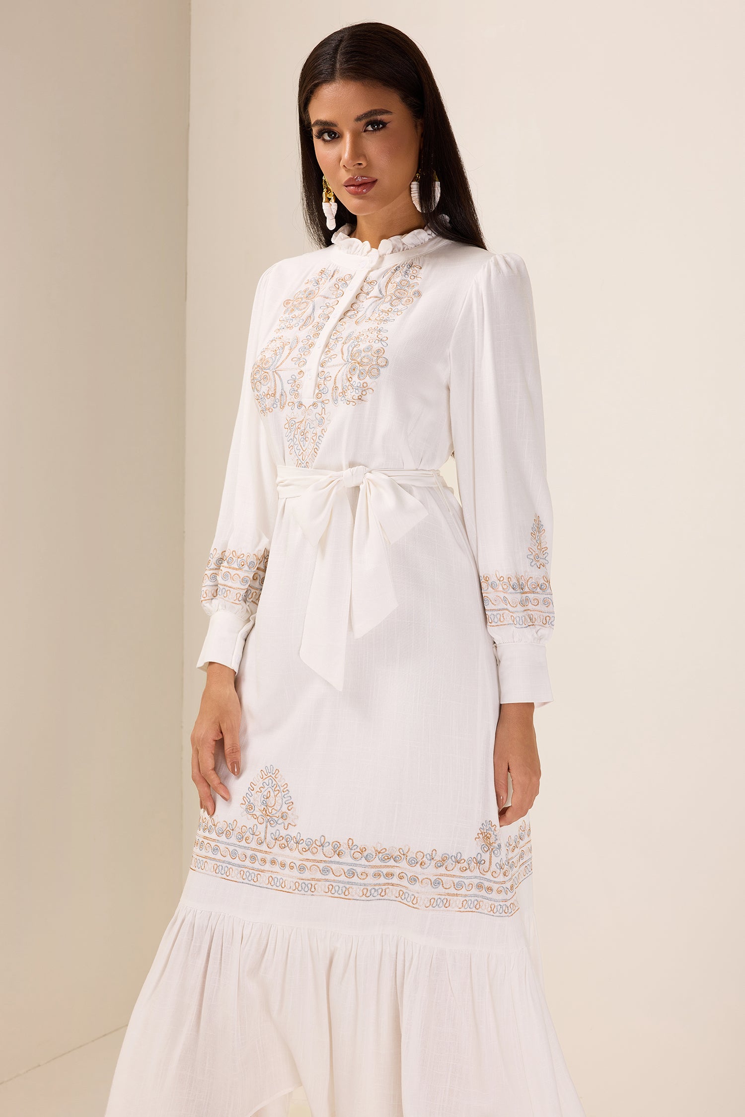 Embroidered Lace-Up Lantern Sleeve Midi Dress
