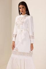 Embroidered Lace-Up Lantern Sleeve Midi Dress