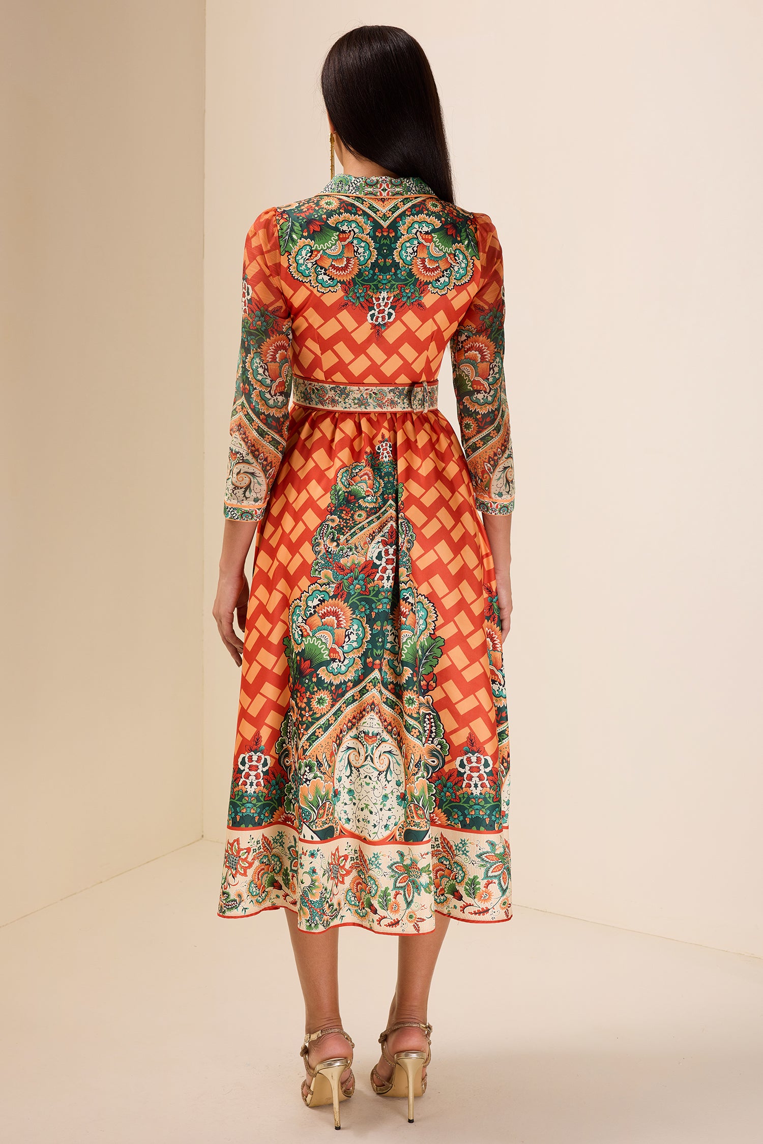 Botanical Print Long Sleeve Midi Dress With Belt