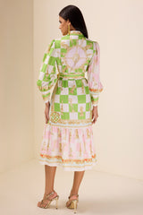 Patchwork Print Lantern Sleeve Midi Dress With Belt
