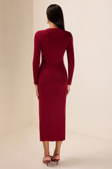 Knit Cable V-Neck Solid Mermaid Midi Dress