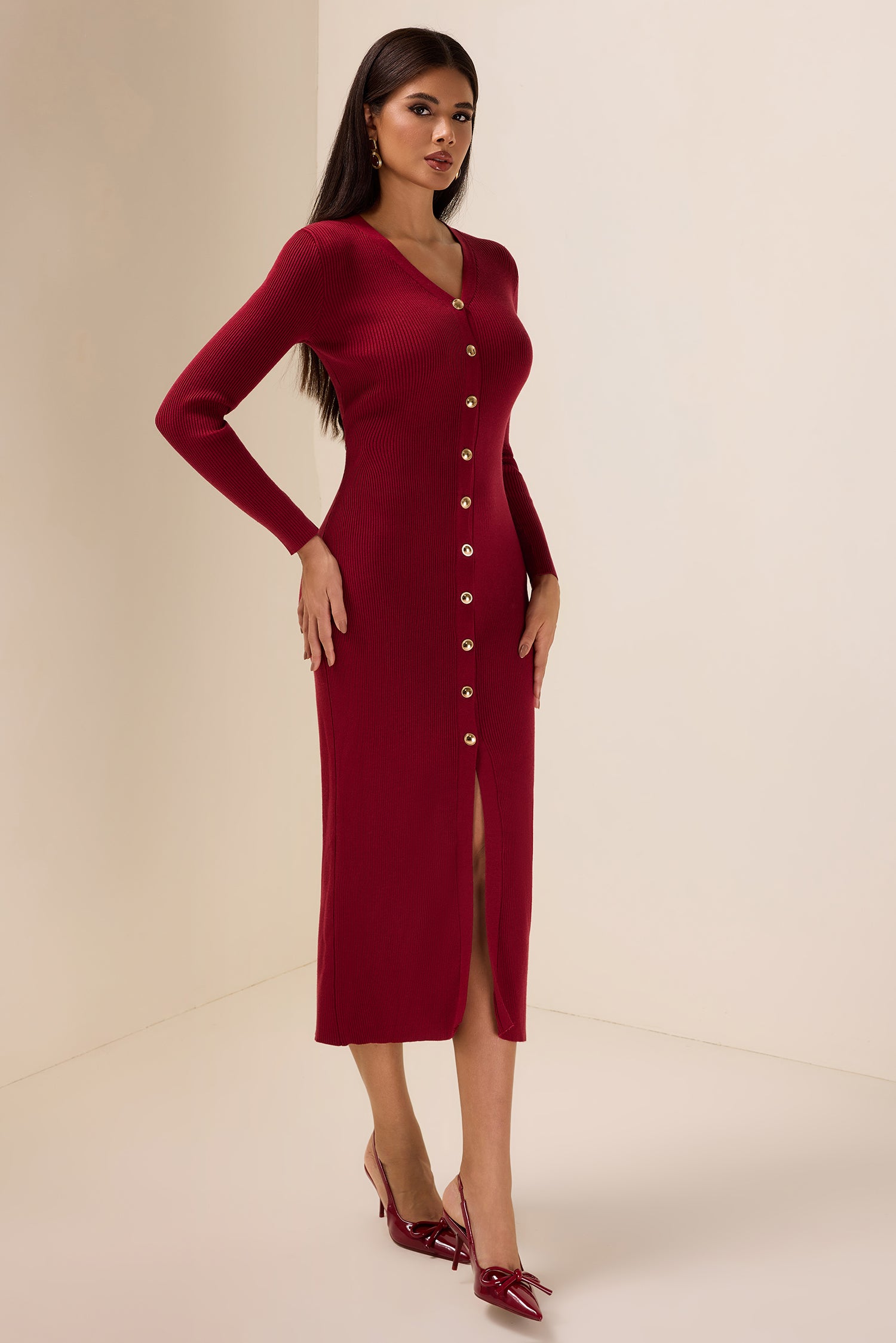 Knit Cable V-Neck Solid Mermaid Midi Dress