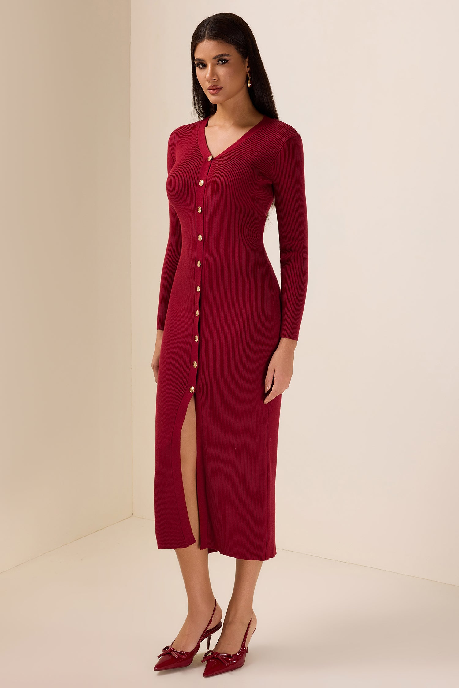 Knit Cable V-Neck Solid Mermaid Midi Dress