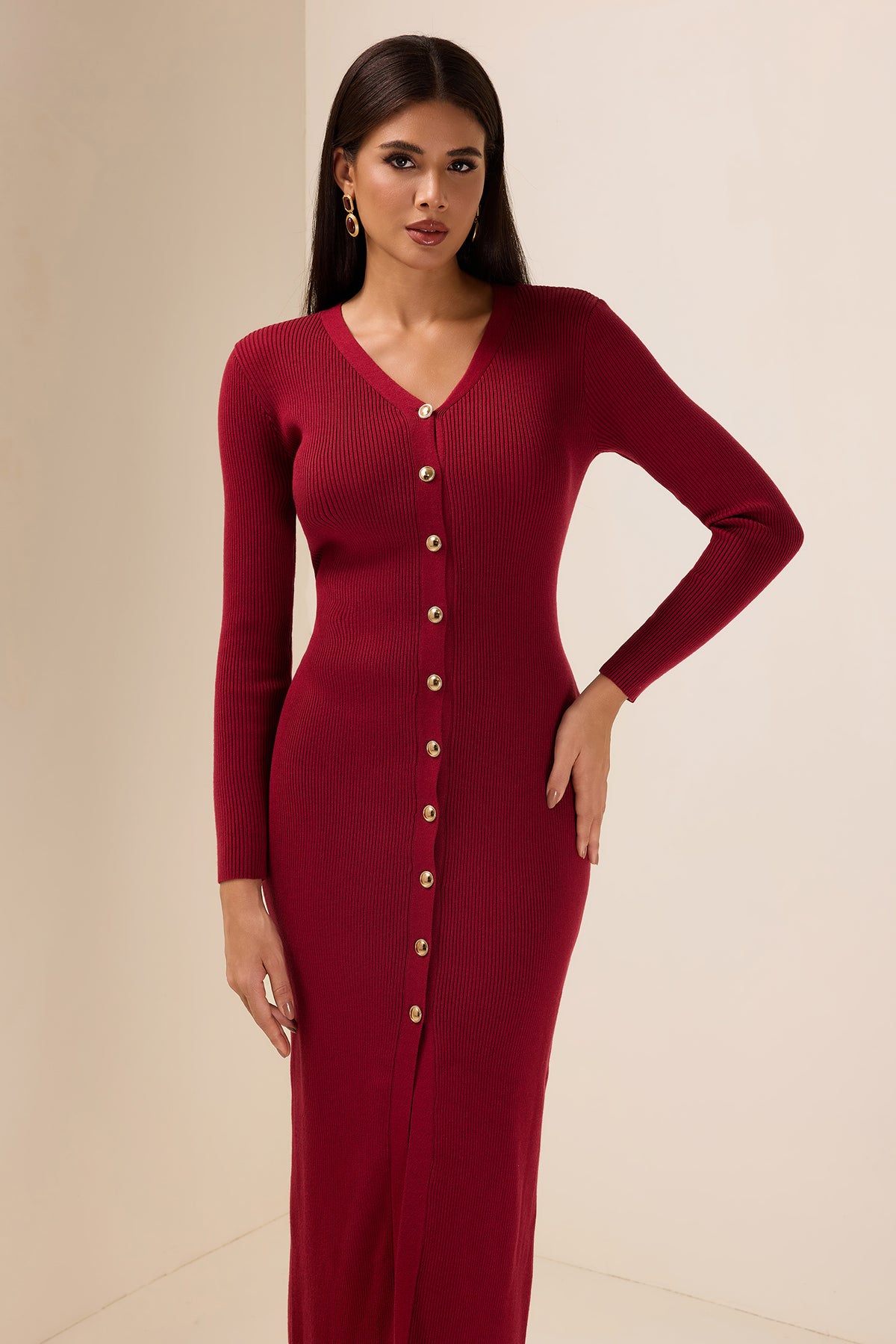 Knit Cable V-Neck Solid Mermaid Midi Dress