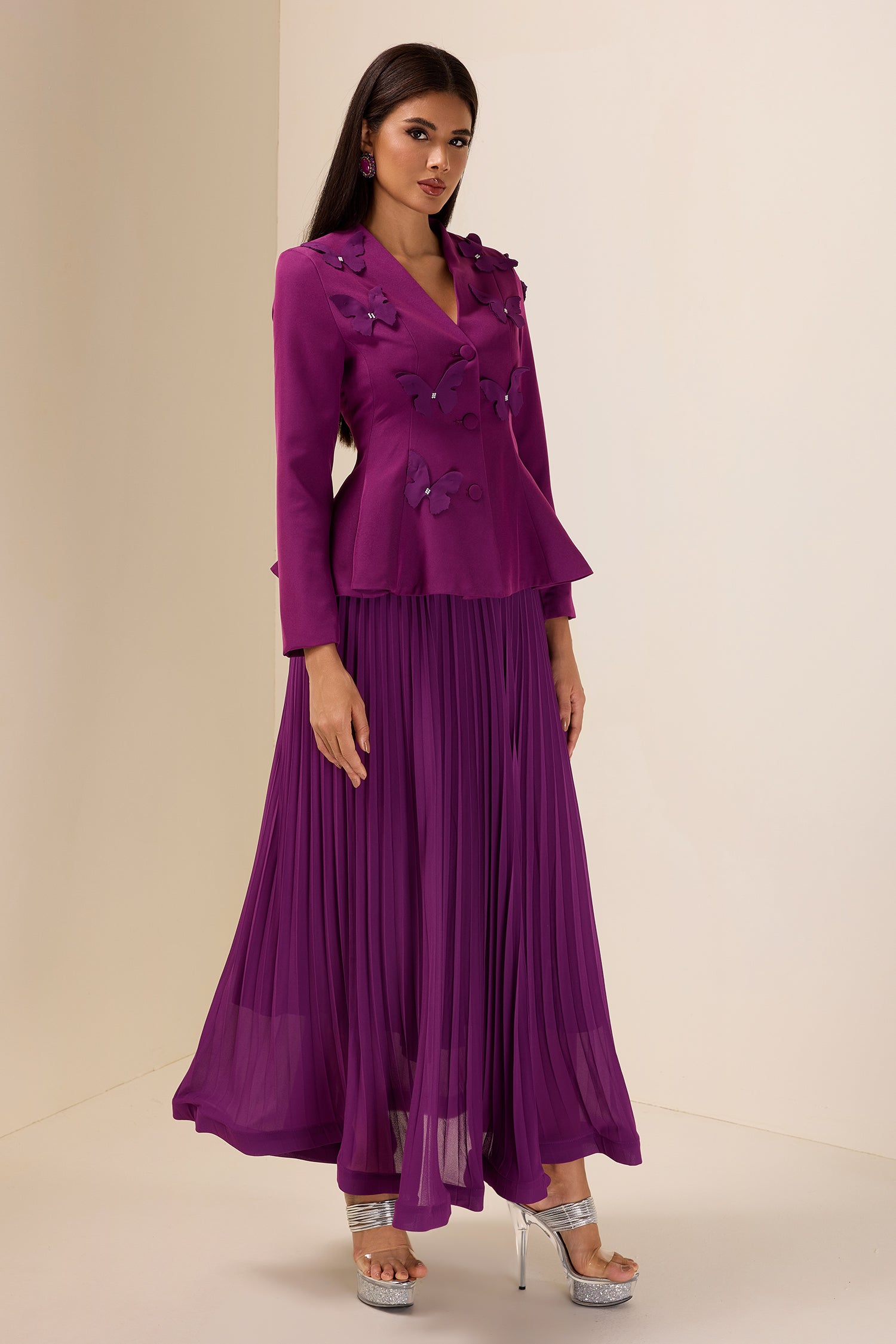 3D Butterfly Blazer & Pleated Midi Skirt Set