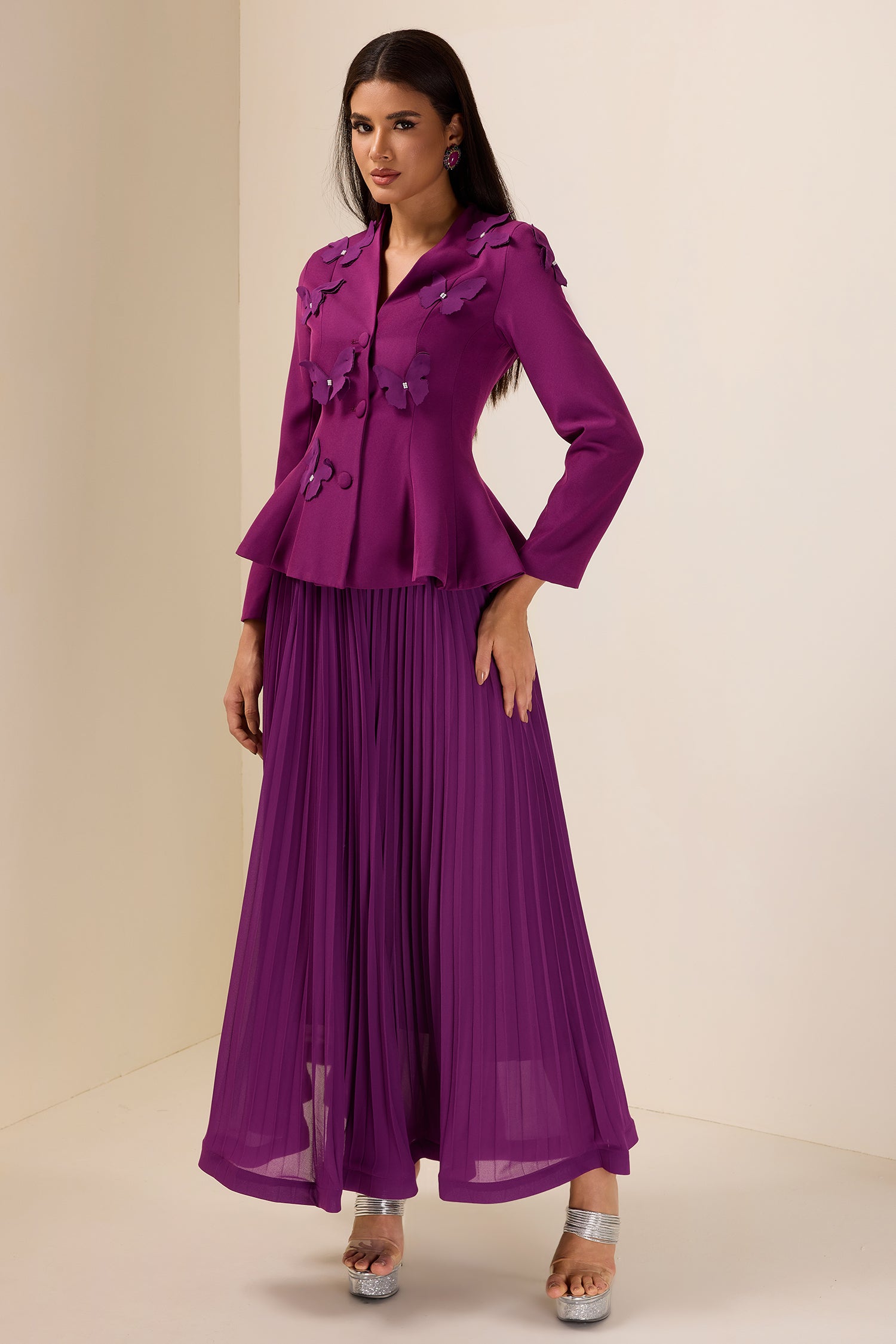 3D Butterfly Blazer & Pleated Midi Skirt Set