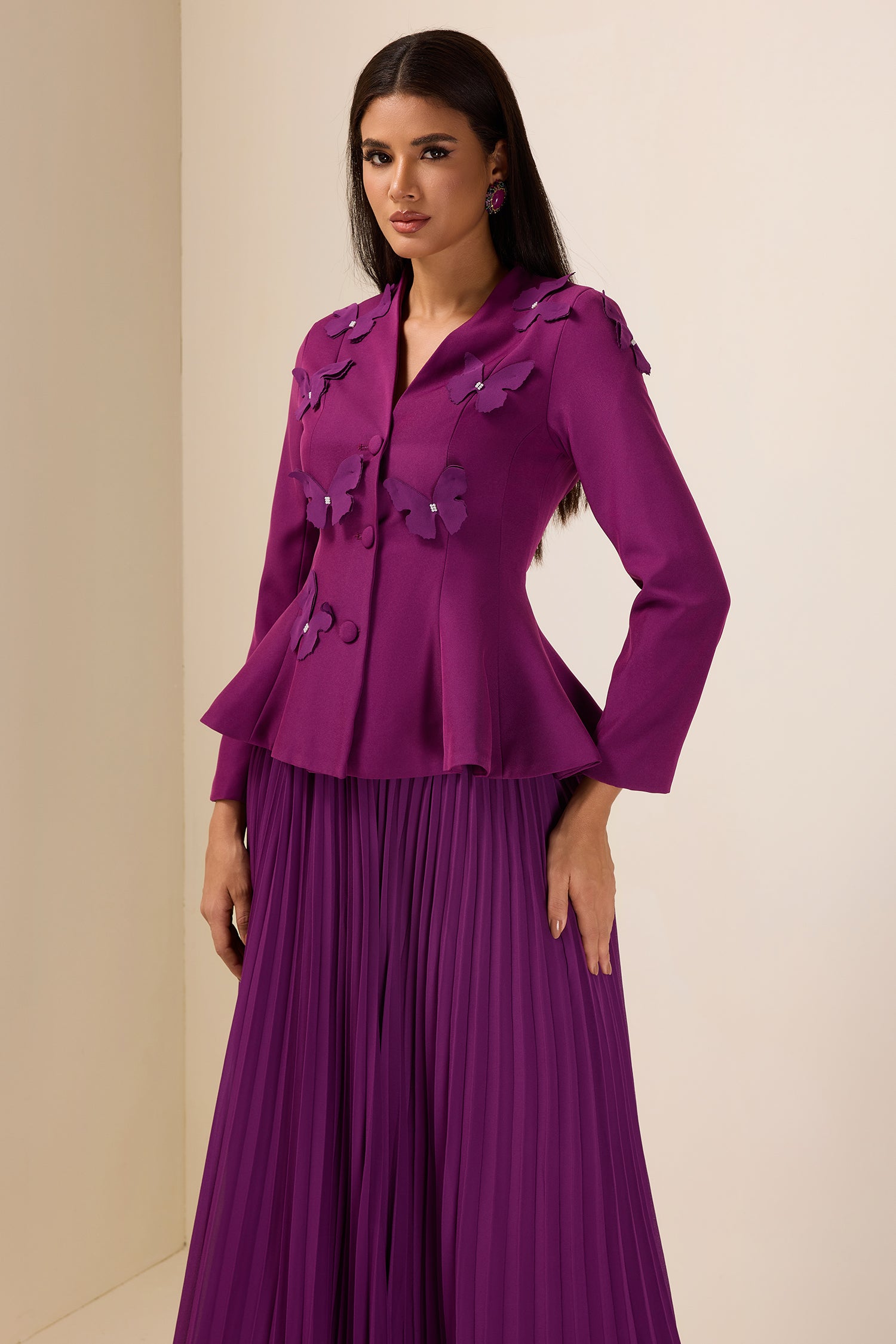 3D Butterfly Blazer & Pleated Midi Skirt Set