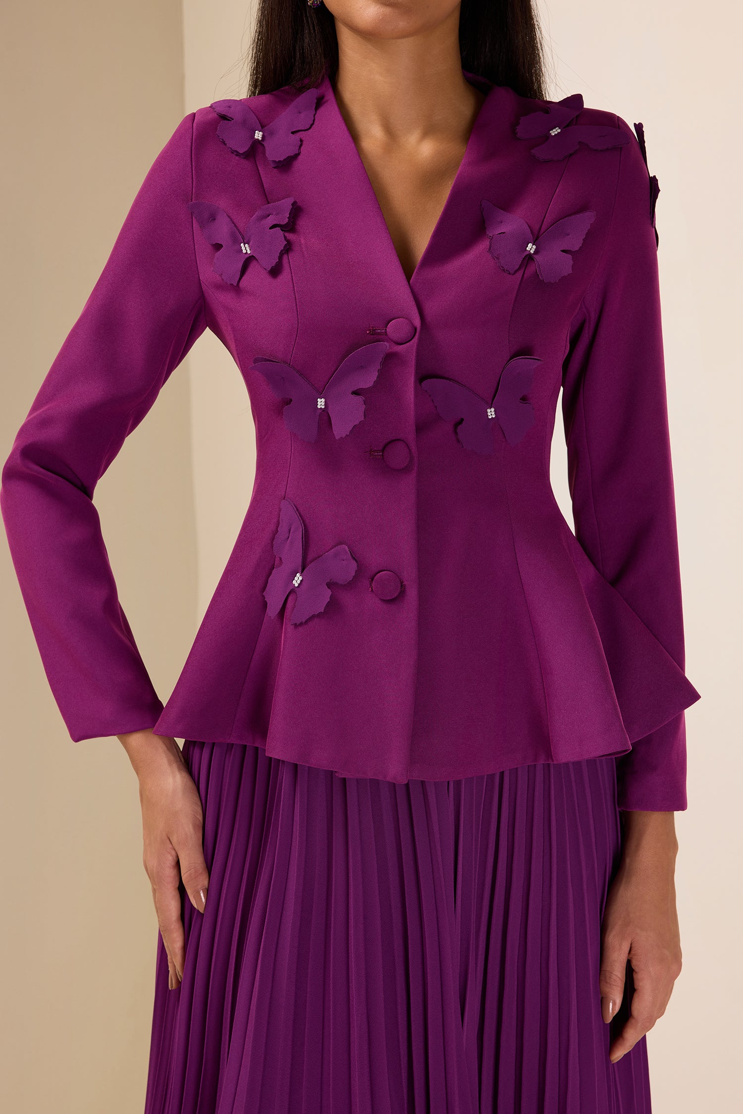 3D Butterfly Blazer & Pleated Midi Skirt Set