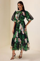 Single Breasted Flower Puff Sleeve Midi Dress