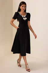Rhinestone Bow Short Sleeve Midi Dress
