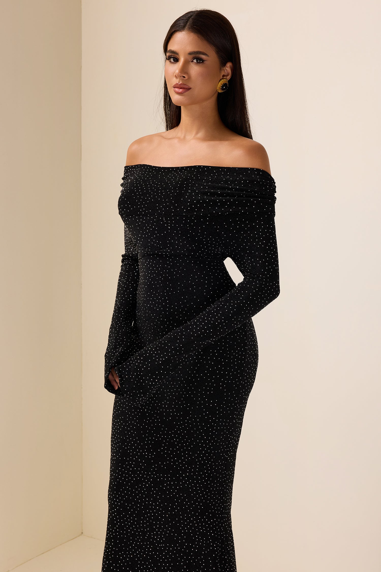 Rhinestone Off-Shoulder Midi Dress