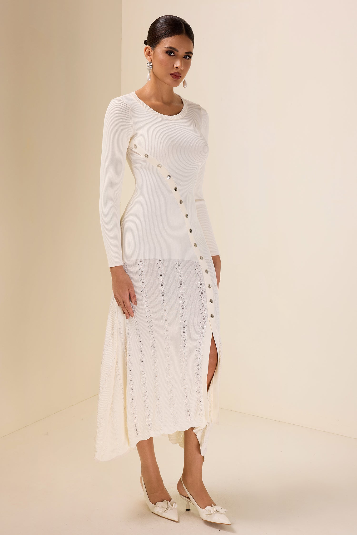 Knit Solid Bottom Round Neck Midi Dress