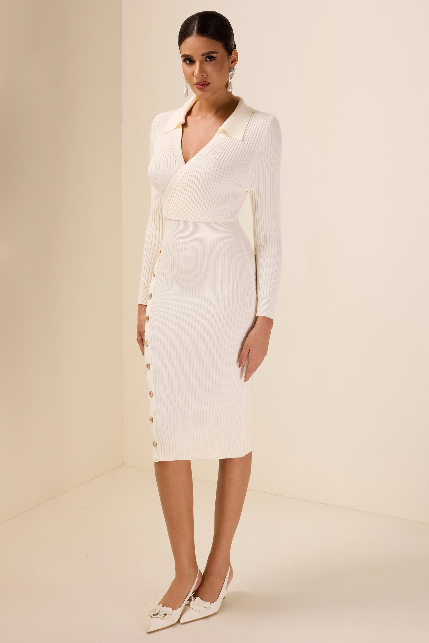 Jersey Creamy Metal Button Midi Dress