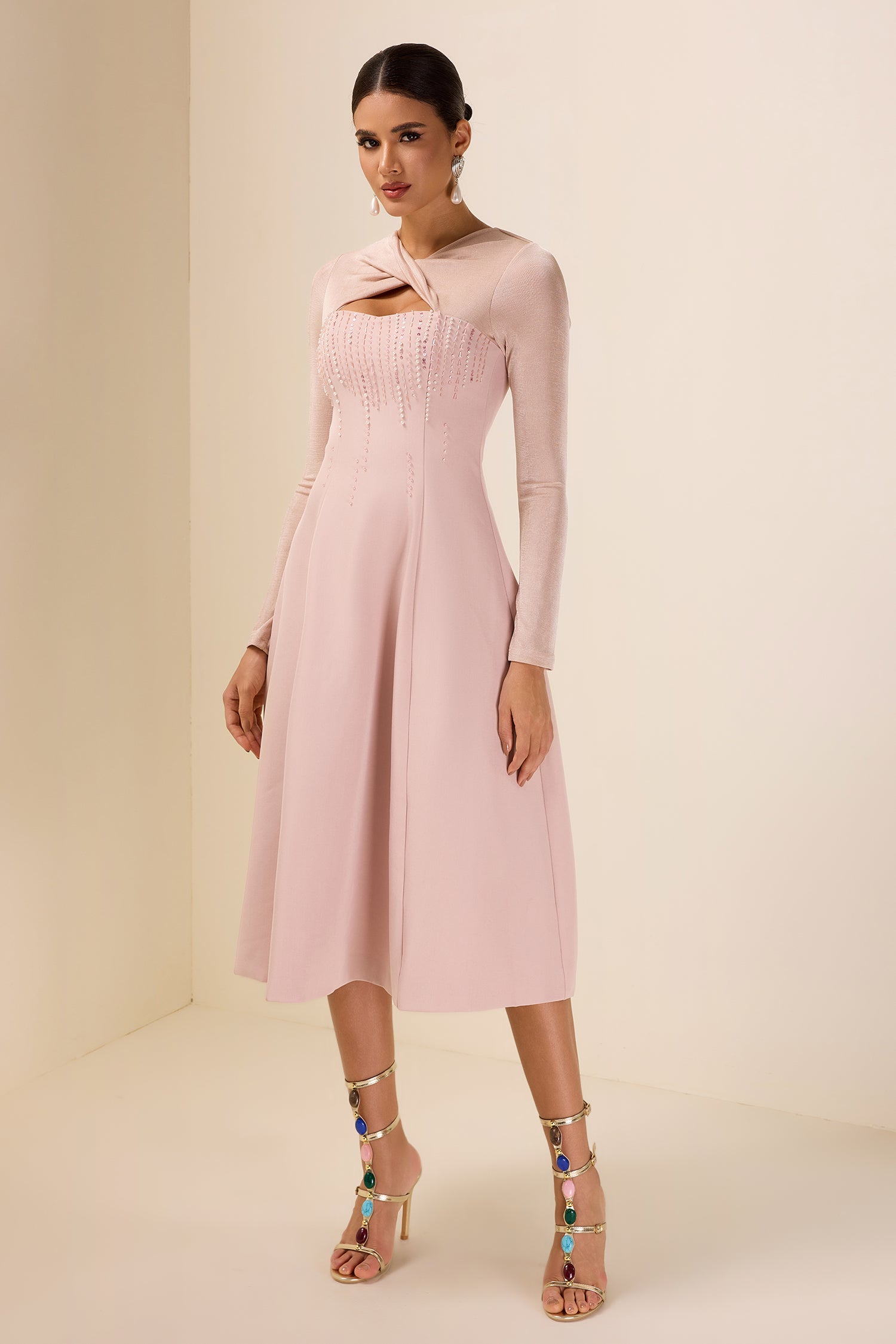 Rhinestone Knotted Long Sleeve Midi Dress