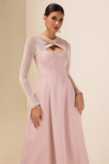 Rhinestone Knotted Long Sleeve Midi Dress