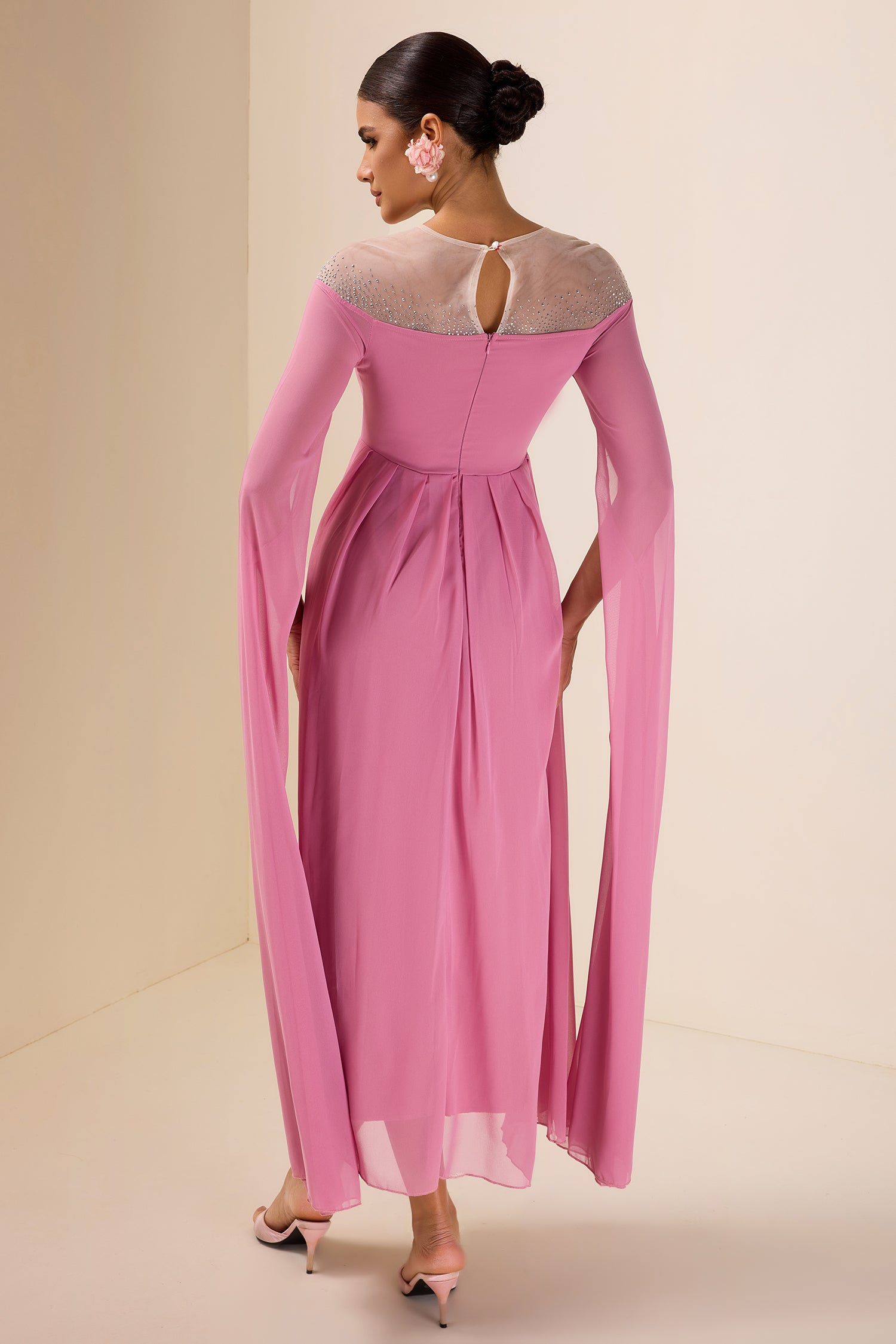 Chiffon Rhinestone Cape Sleeve Midi Dress