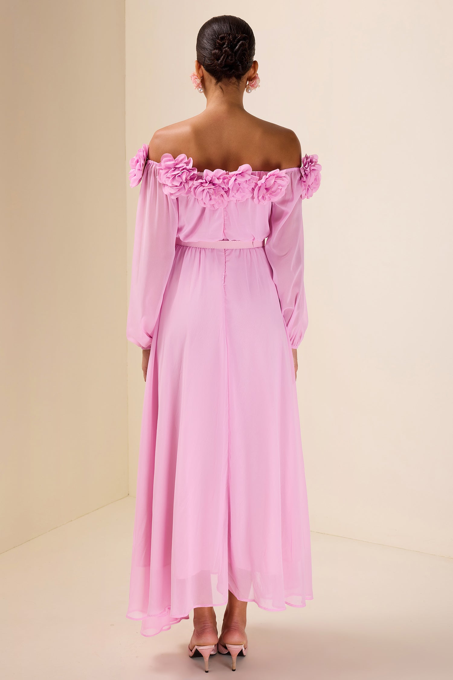 3D Flower Off Shoulder Midi Dress With Belt