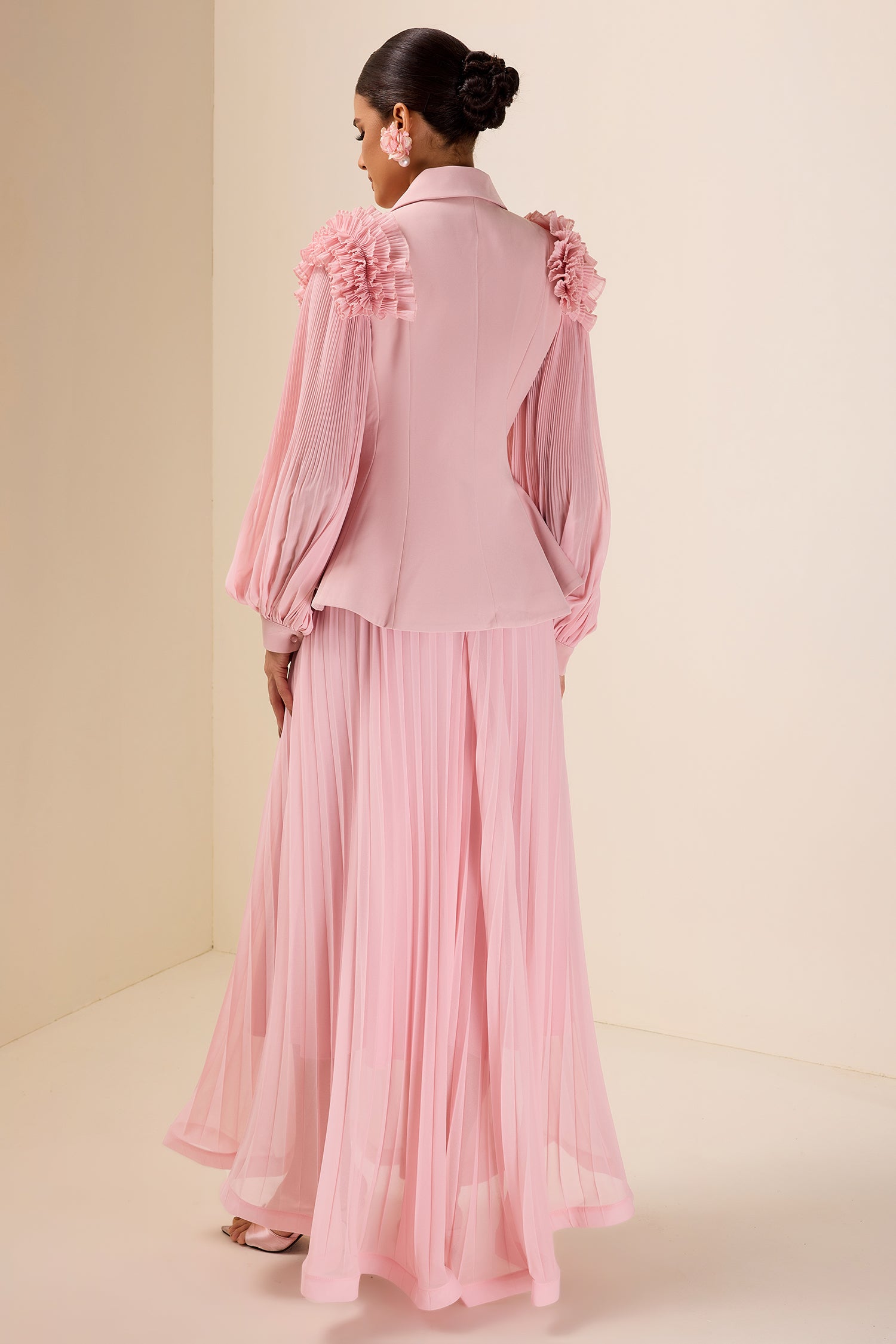 Frill Tailored Collar Pleated Top & Maxi Skirt Set