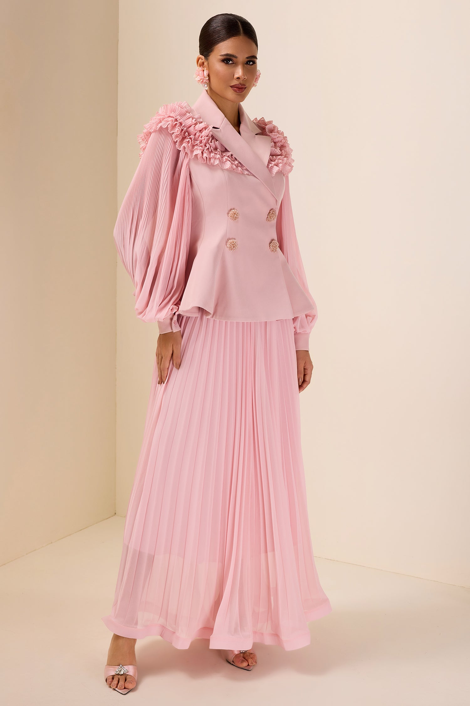 Frill Tailored Collar Pleated Top & Maxi Skirt Set
