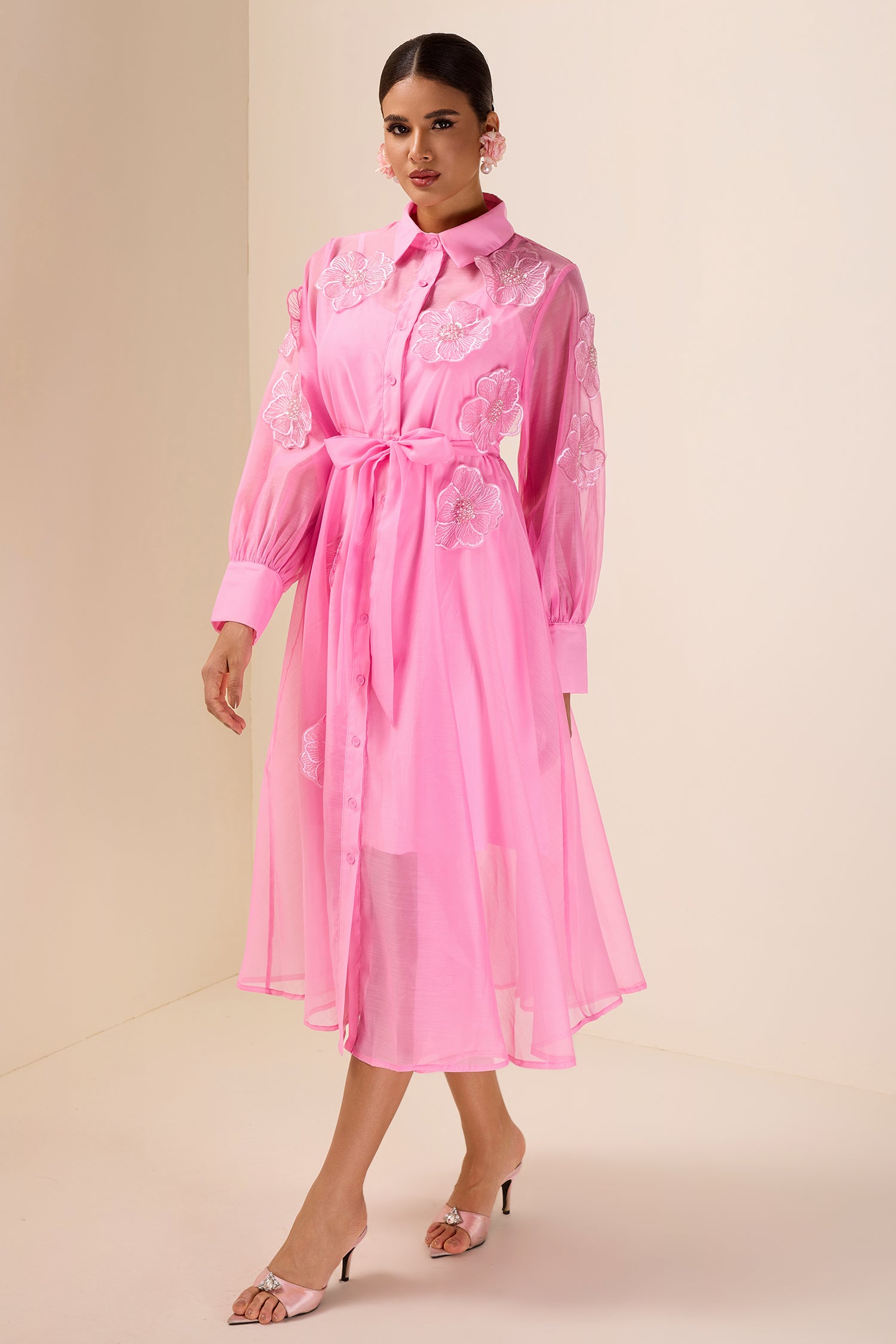 Appliquéd Chiffon Single Breasted Midi Dress
