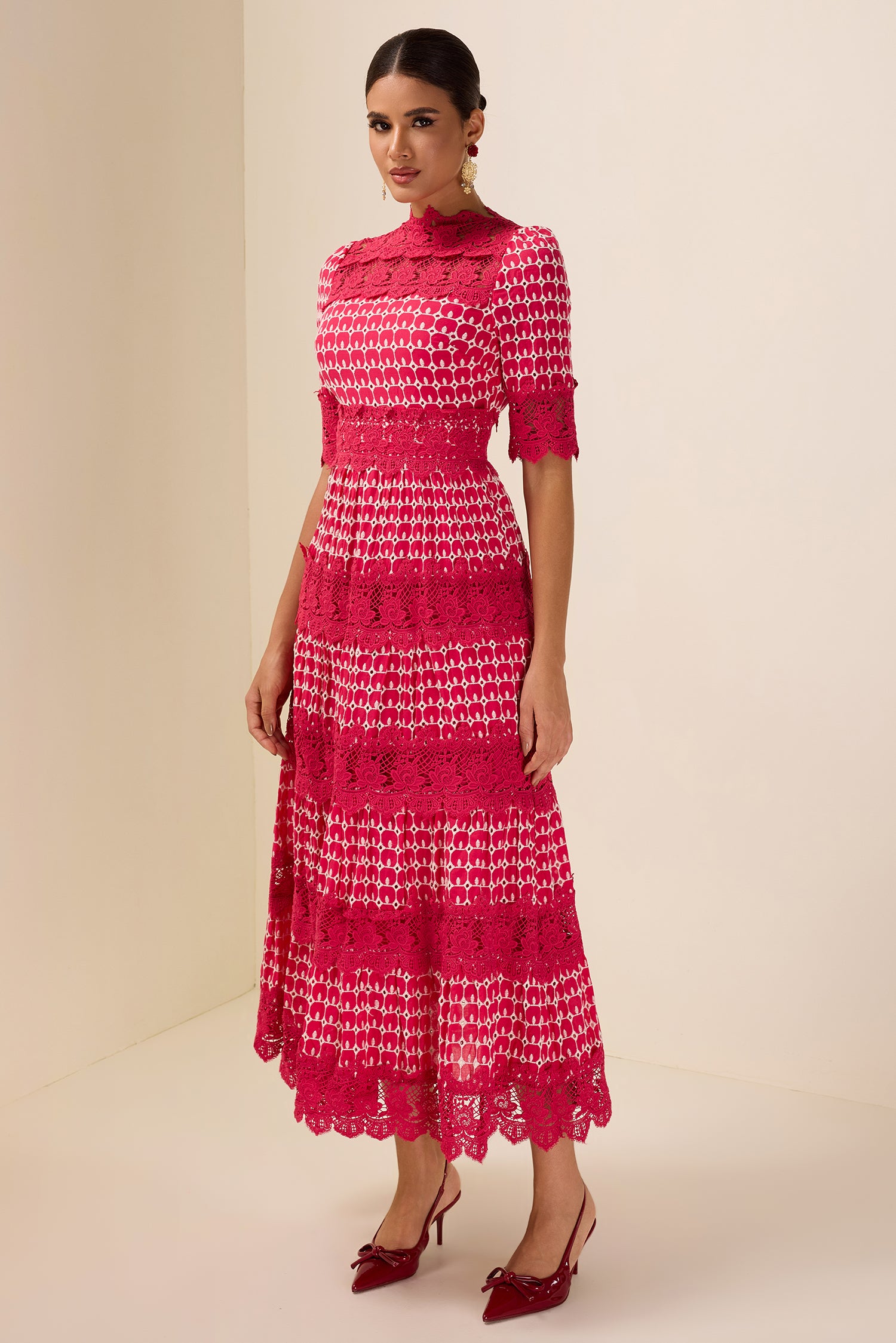 Lace Embroidery Short Sleeve Midi Dress