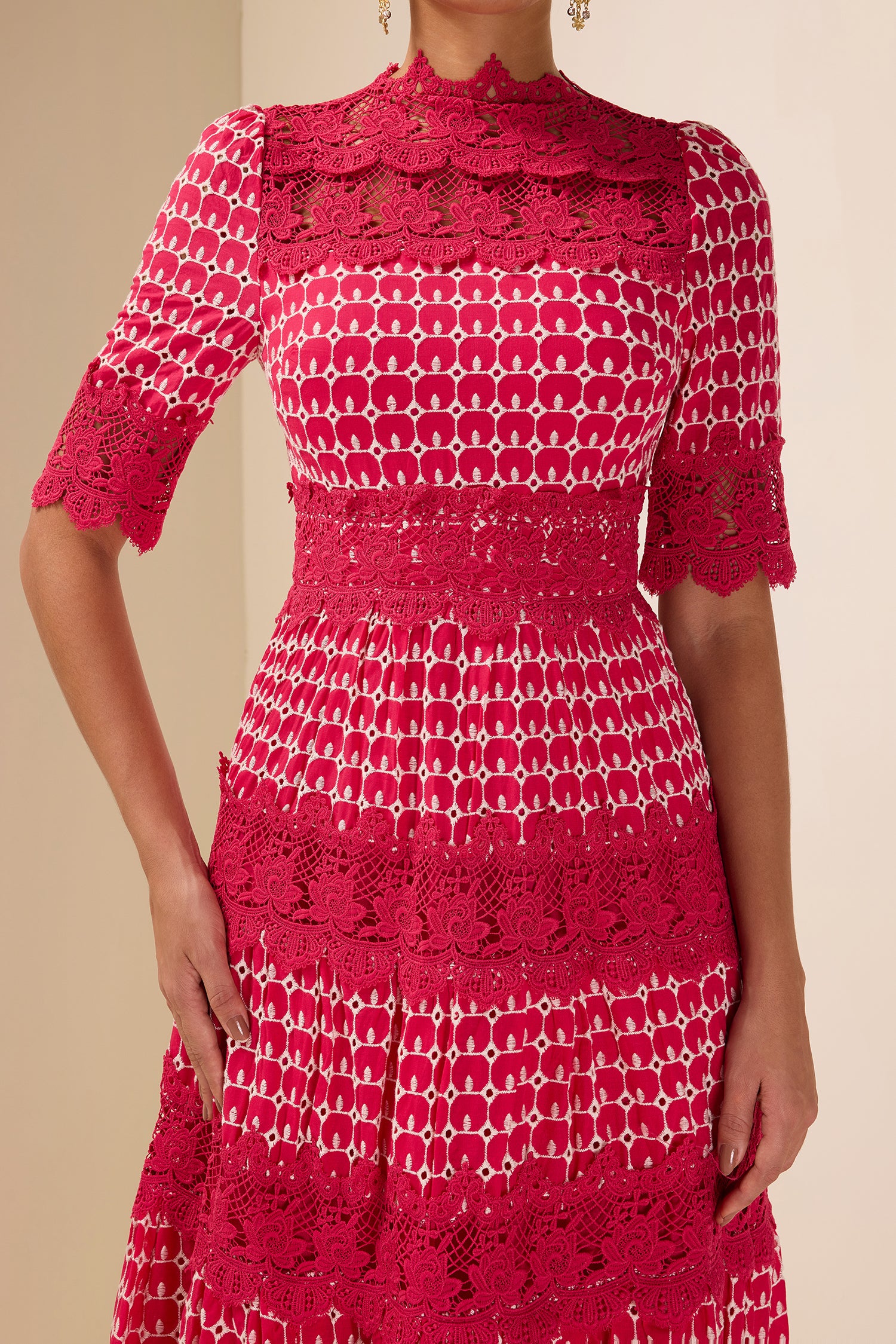 Lace Embroidery Short Sleeve Midi Dress