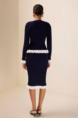 Knit Contrast Color Top ＆ Mid Waist Frill Midi Skirt Set