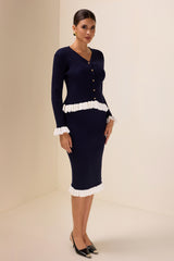 Knit Contrast Color Top ＆ Mid Waist Frill Midi Skirt Set