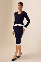 Knit Contrast Color Top ＆ Mid Waist Frill Midi Skirt Set