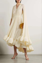 V-Neck Ruffle Hem Cape Midi Dress Beige