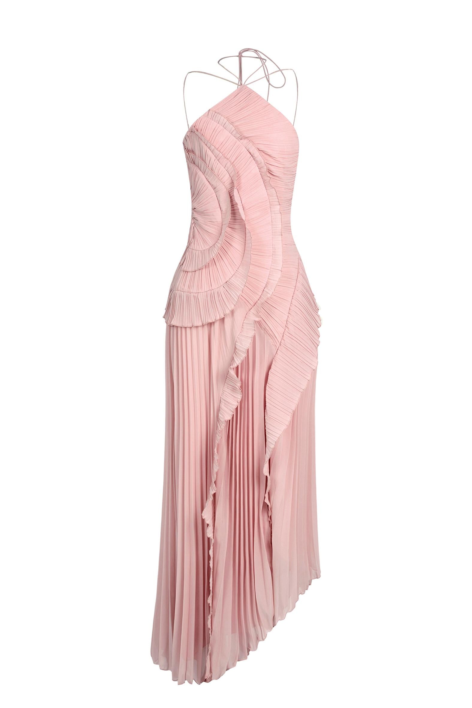 Pleated Frill Halter Neck Midi Dress