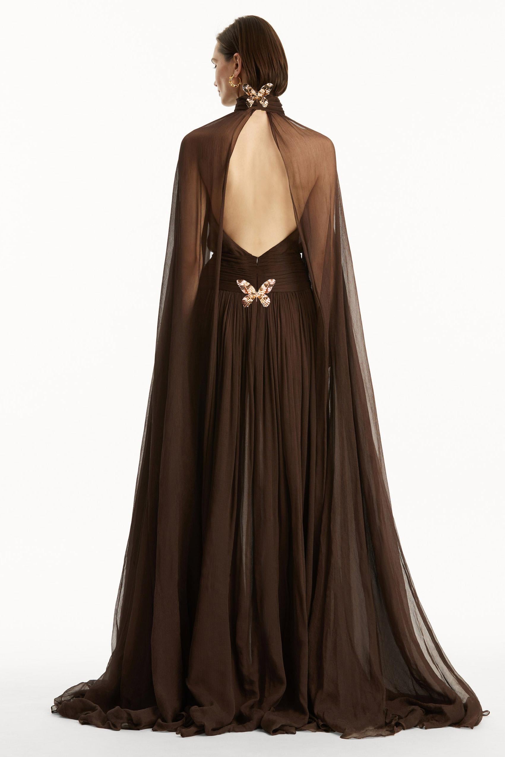 Chiffon High Neck Cape Sleeve Maxi Dress