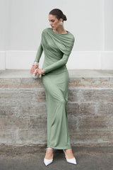 Solid Gathering Long Sleeve Maxi Dress