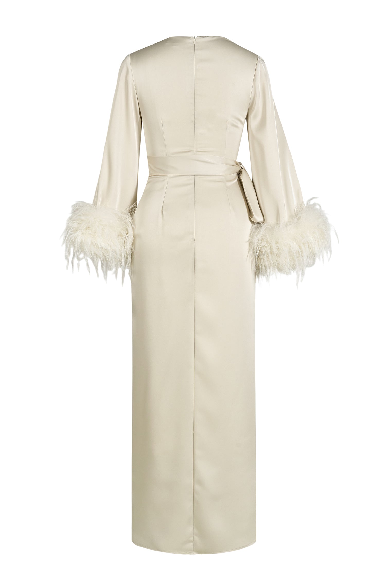 Satin Lace-Up Feather-Trimmed Pleated Maxi Dress