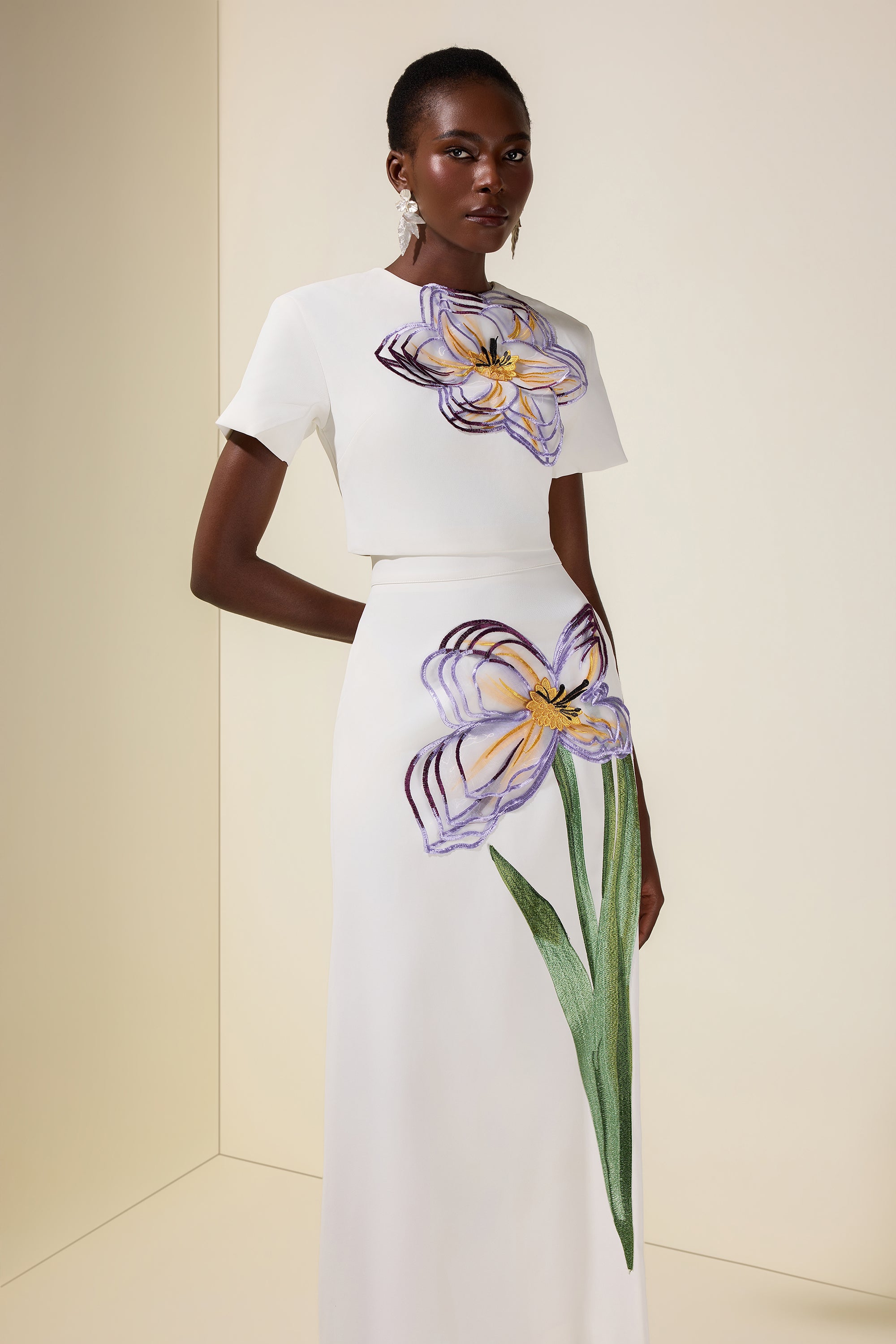 Appliquéd Round Neck Top & Maxi Skirt Set