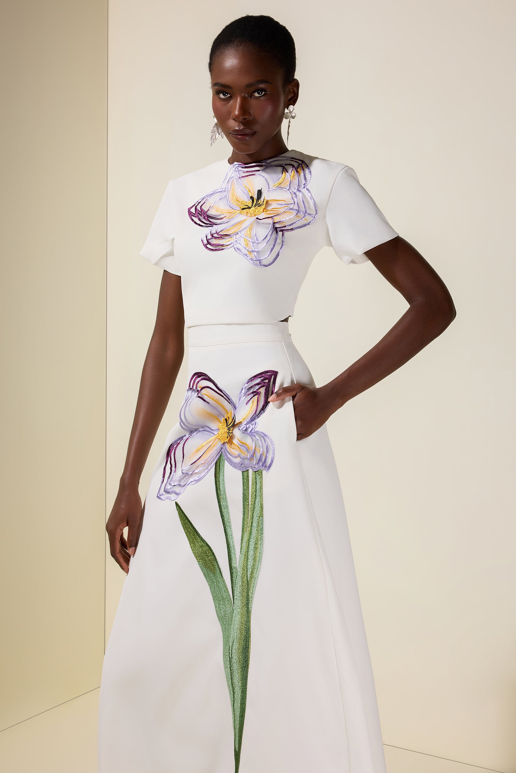 Appliquéd Round Neck Top & Maxi Skirt Set