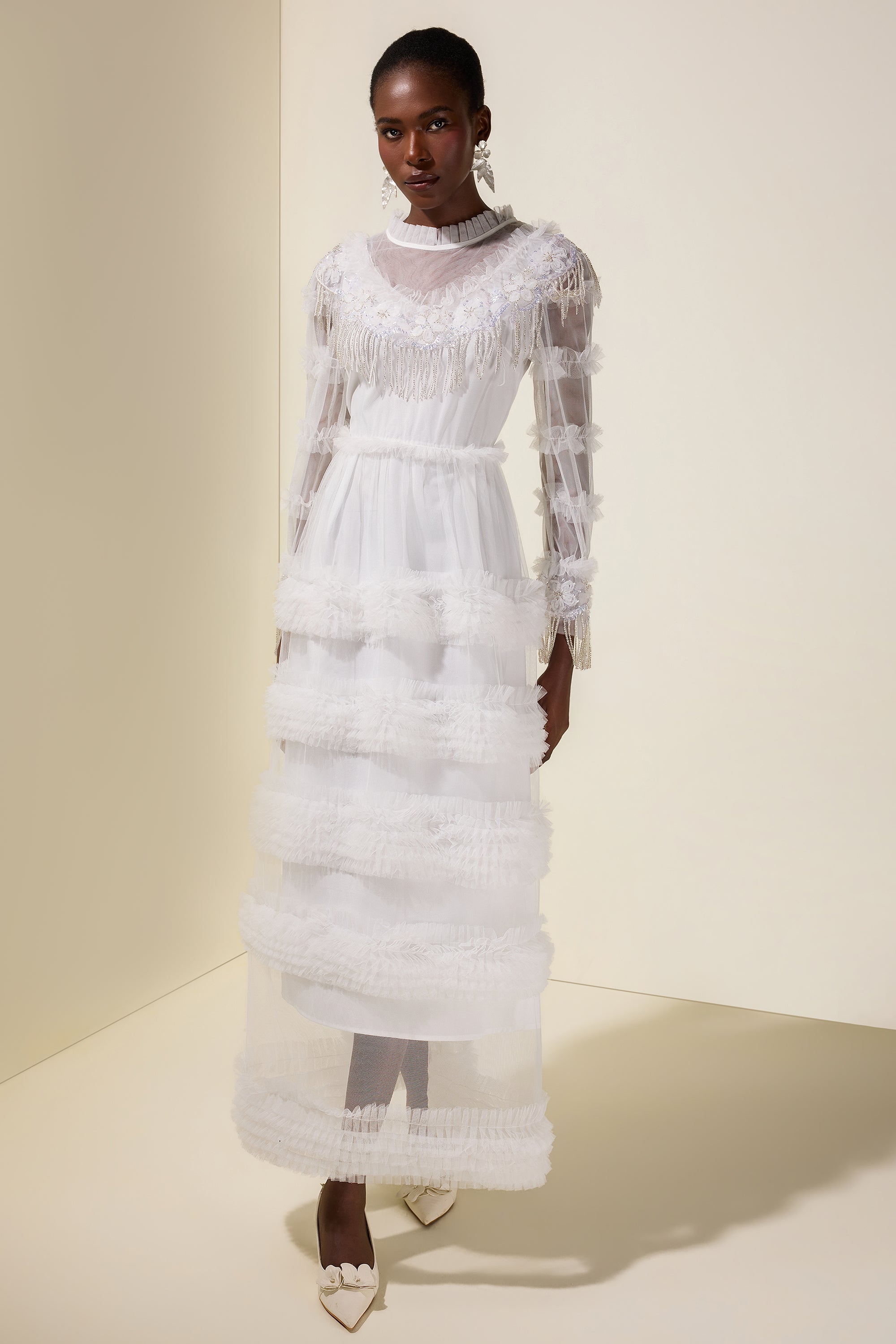 Beaded Frill Round Neck Maxi Dress