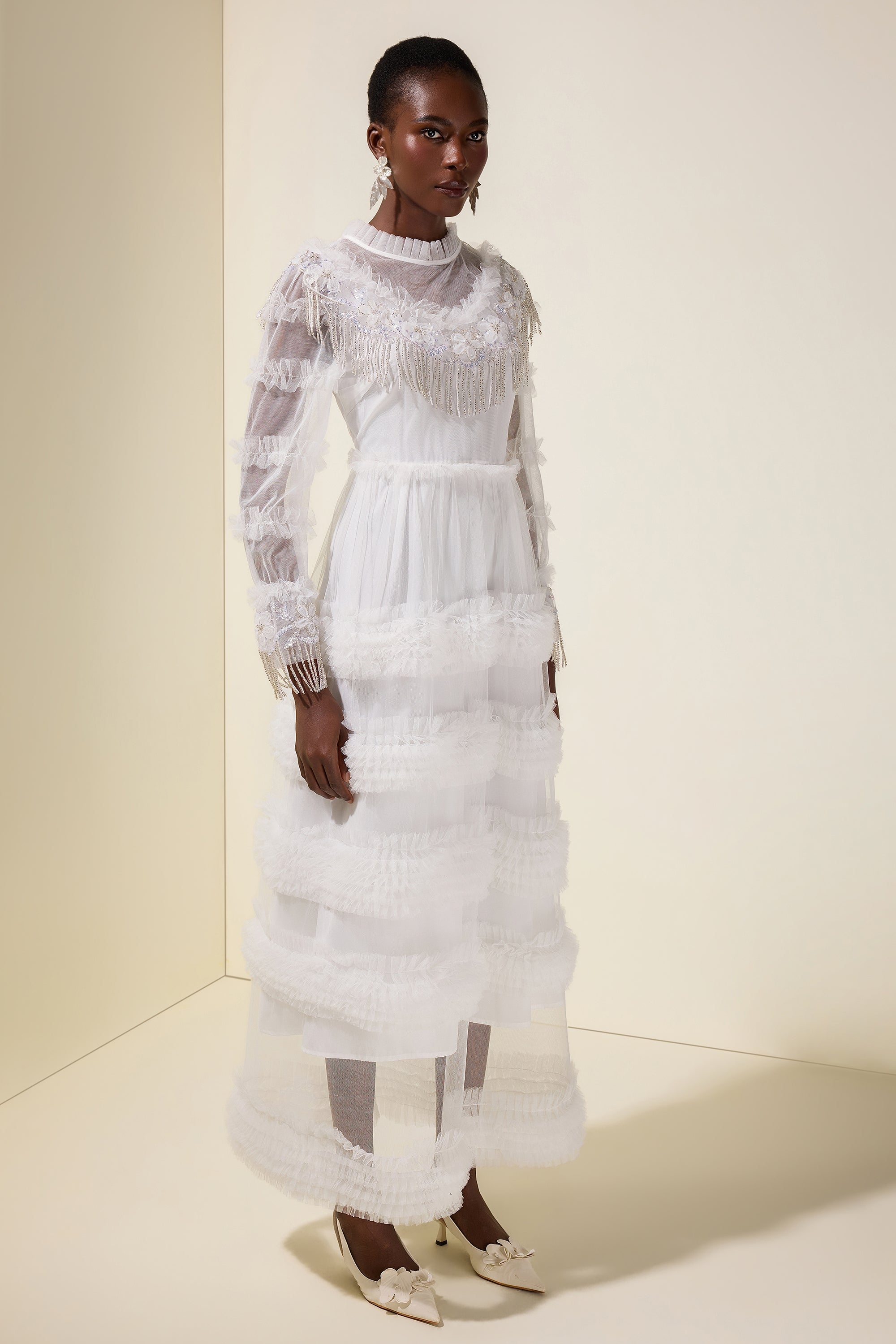 Beaded Frill Round Neck Maxi Dress
