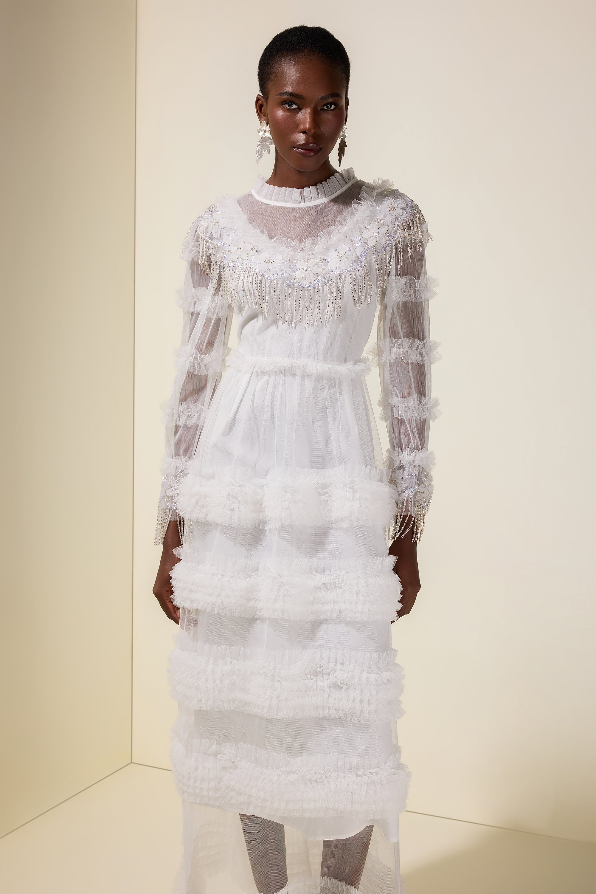 Beaded Frill Round Neck Maxi Dress