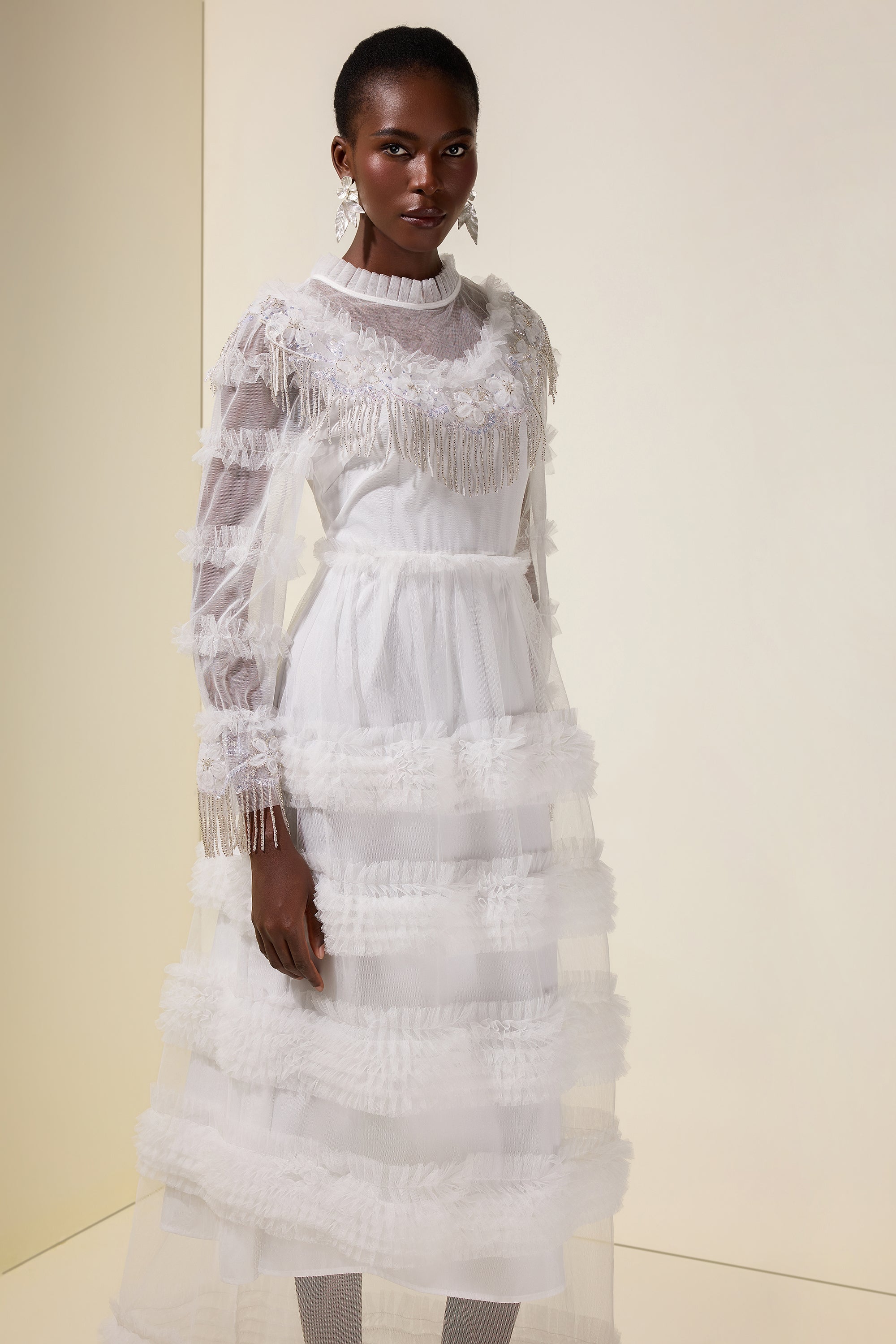 Beaded Frill Round Neck Maxi Dress