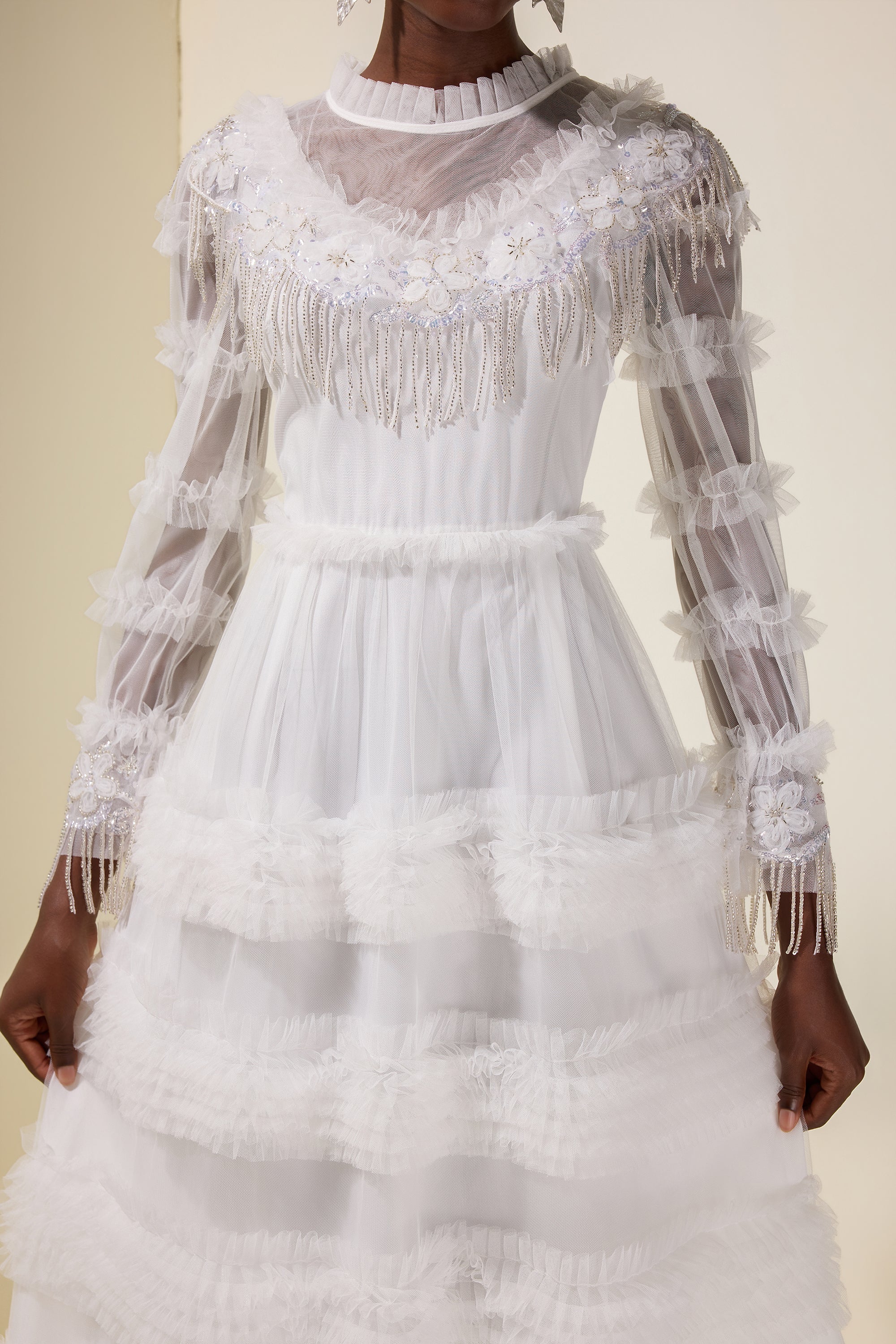 Beaded Frill Round Neck Maxi Dress