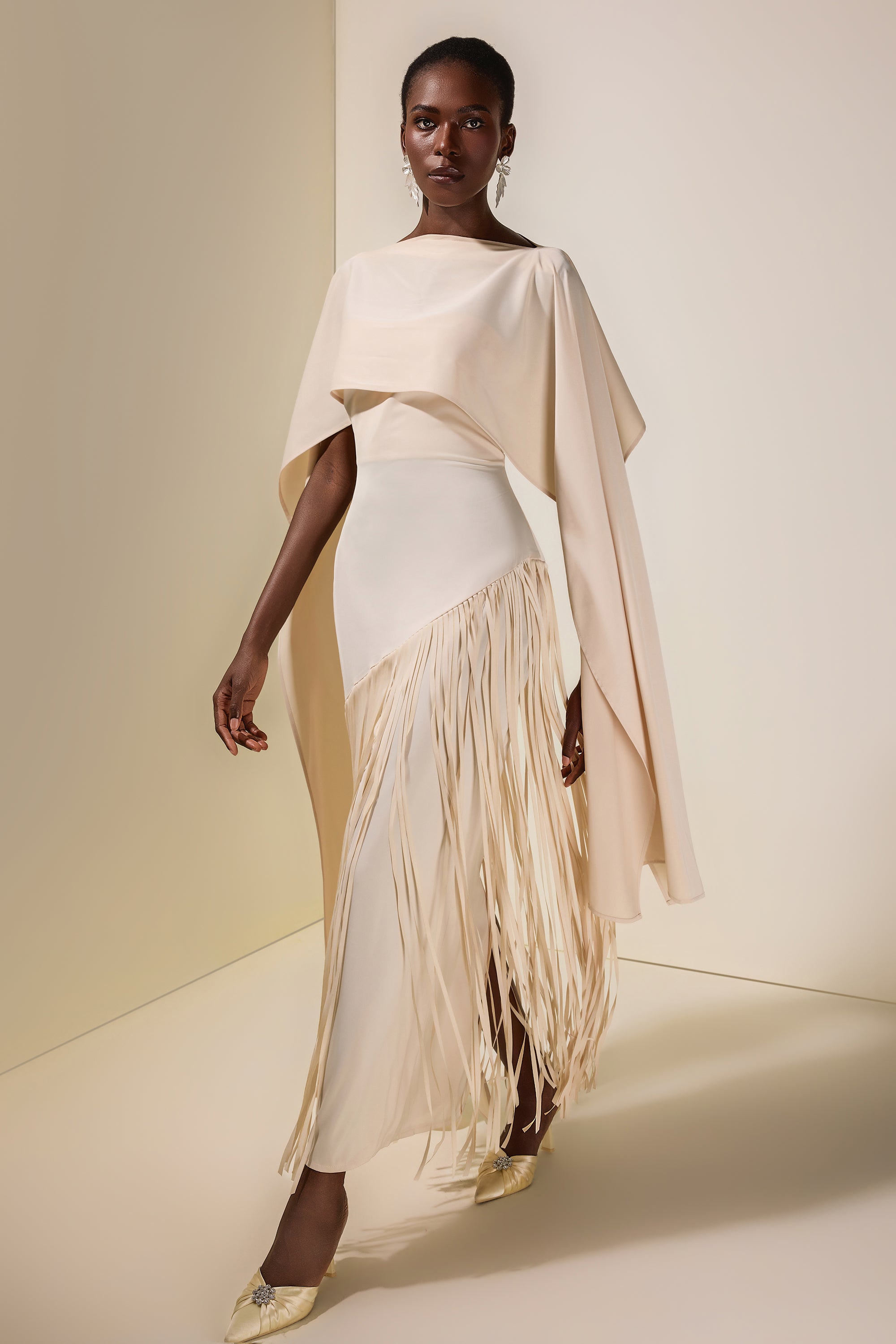 Solid Satin Tassel Maxi Dress With Cape