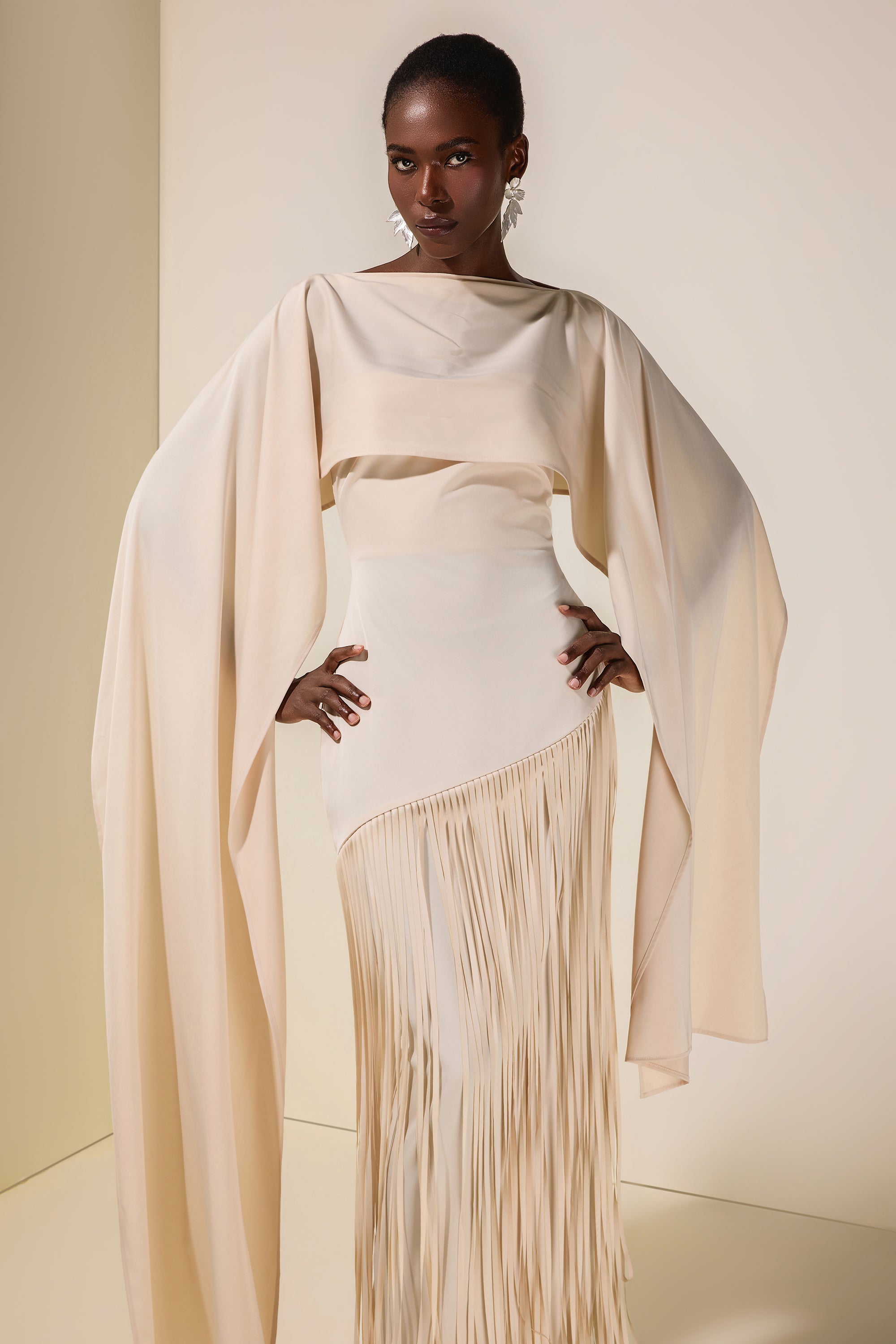 Solid Satin Tassel Maxi Dress With Cape