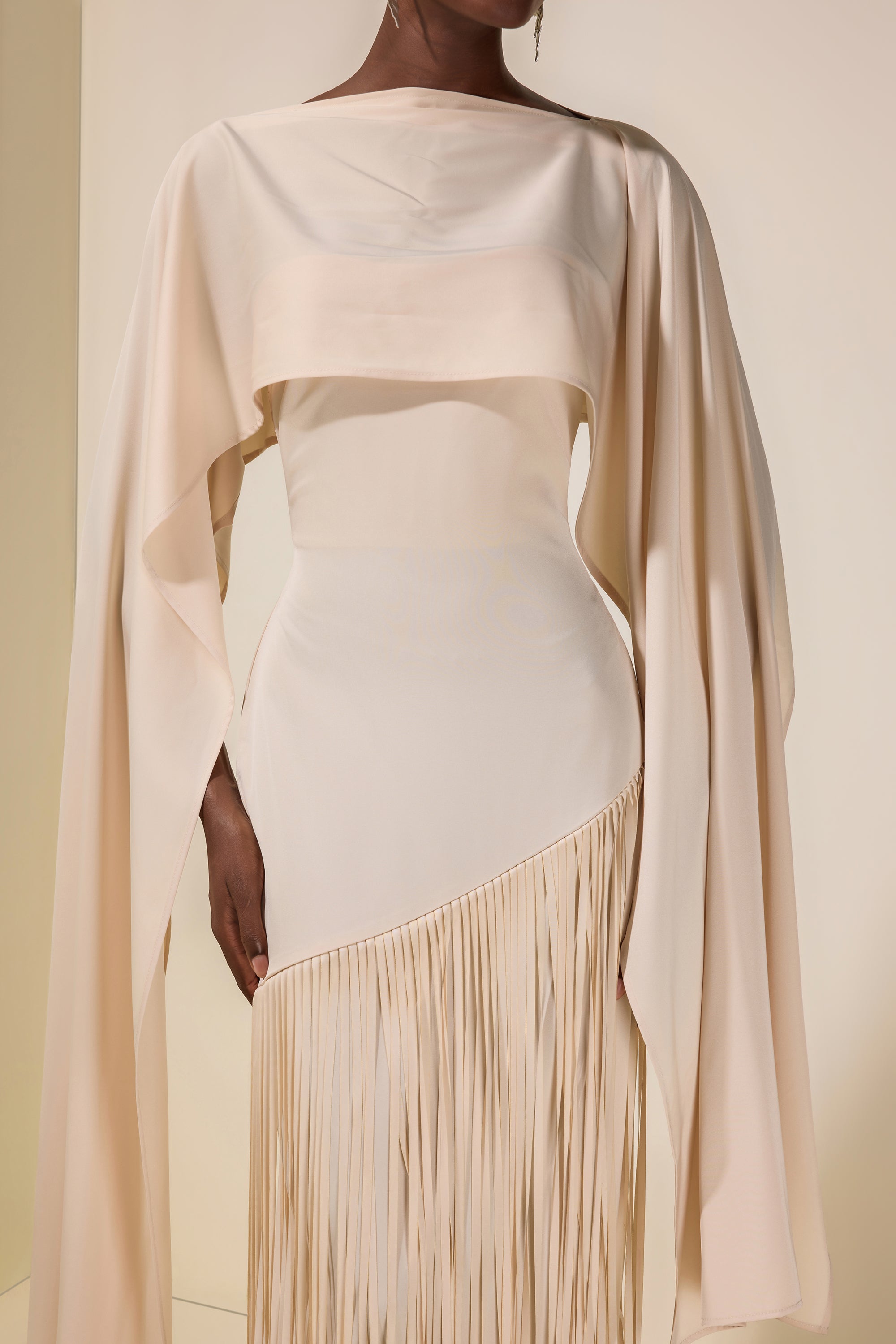 Solid Satin Tassel Maxi Dress With Cape